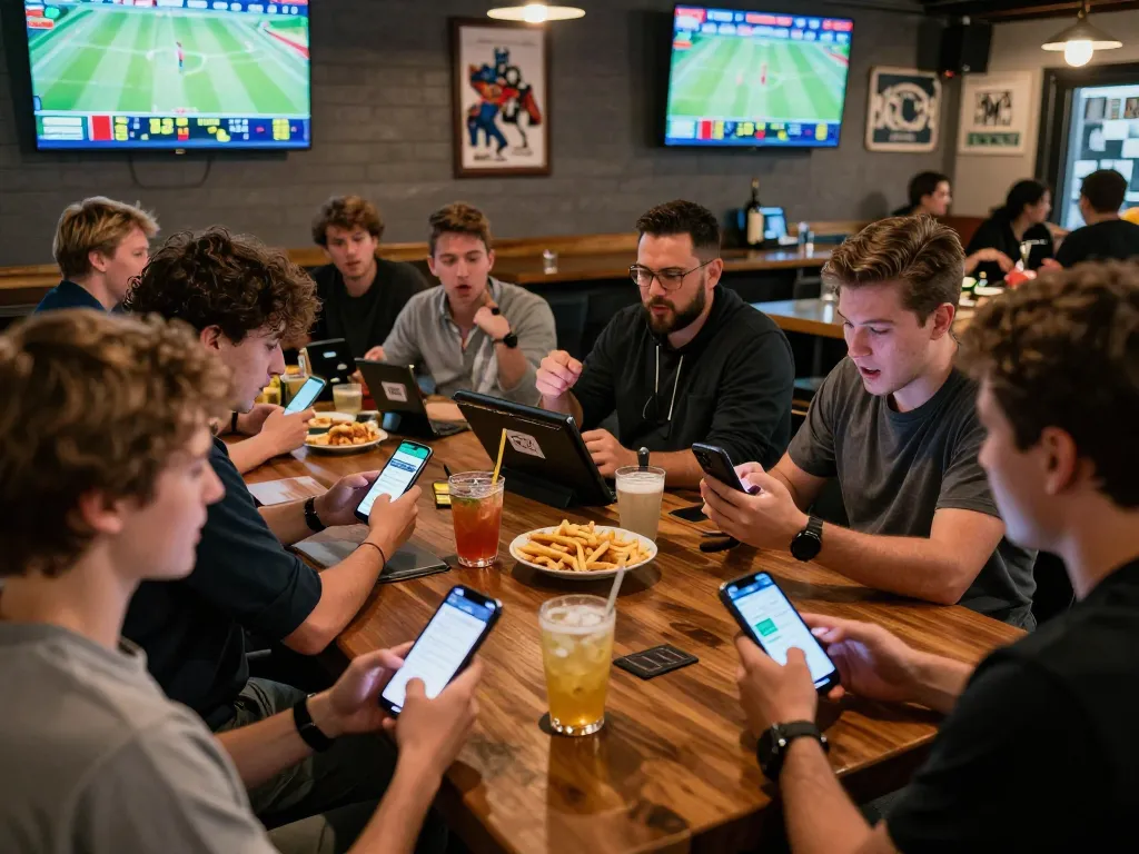 Patrons engaged in sports betting using kèo nhà cái on smartphones and tablets in a lively bar atmosphere