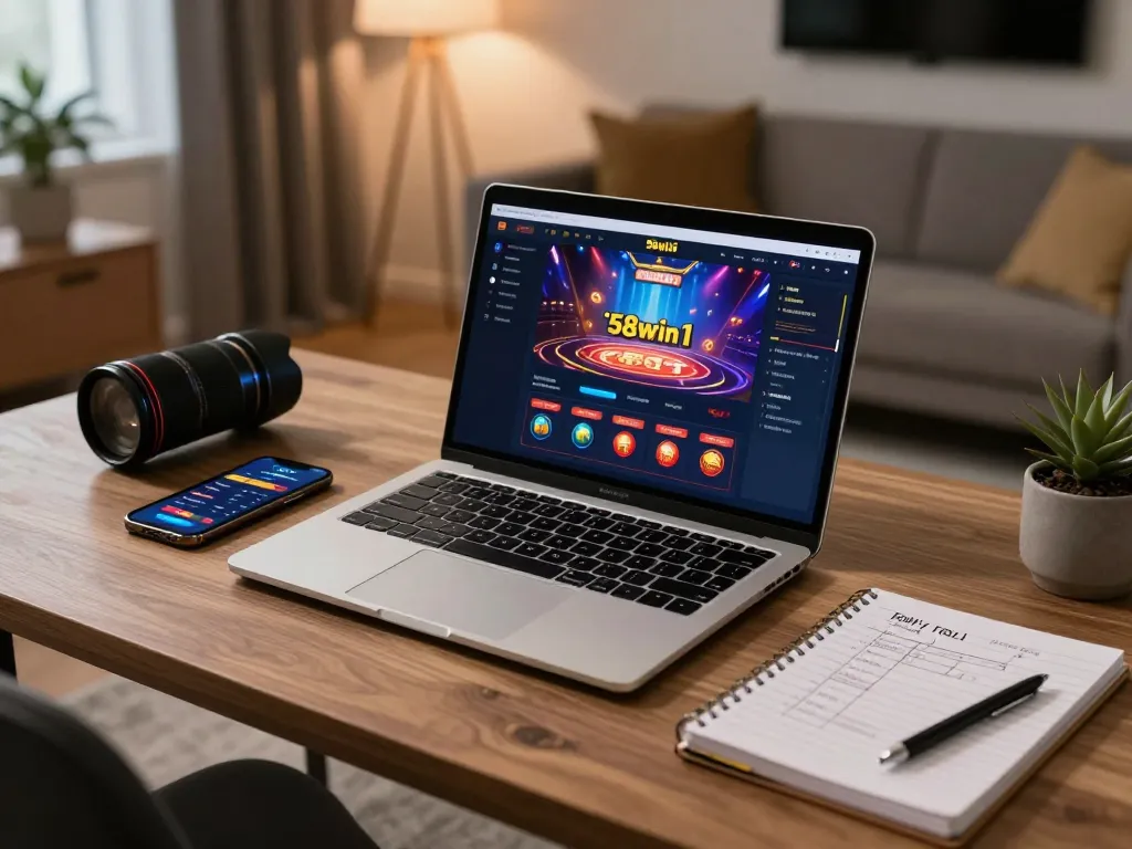 Engaging online casino gaming with 58win1 interface on a sleek laptop in a cozy setup.