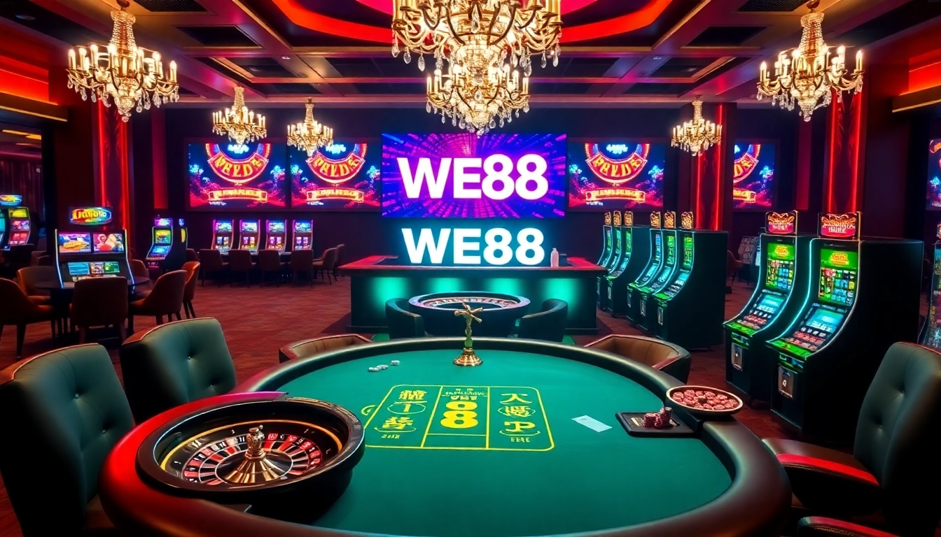 WE88 casino scene showcasing poker and roulette excitement with vibrant lighting.