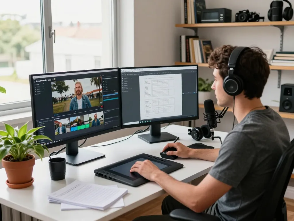 Content creator using Seedance 2.0 AI in a modern workspace with multiple screens and creative tools.