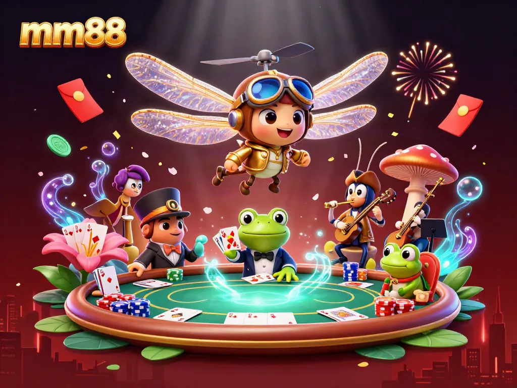 Experience the thrill of mm88 with a dragonfly pilot, frog croupier, and poker in this dazzling casino scene.
