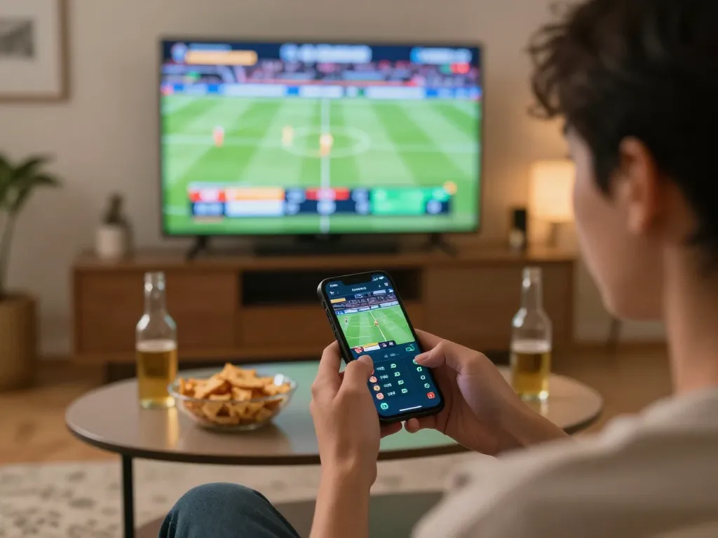 Betting on live sports using 789betgo on a smartphone in a cozy living room setting.