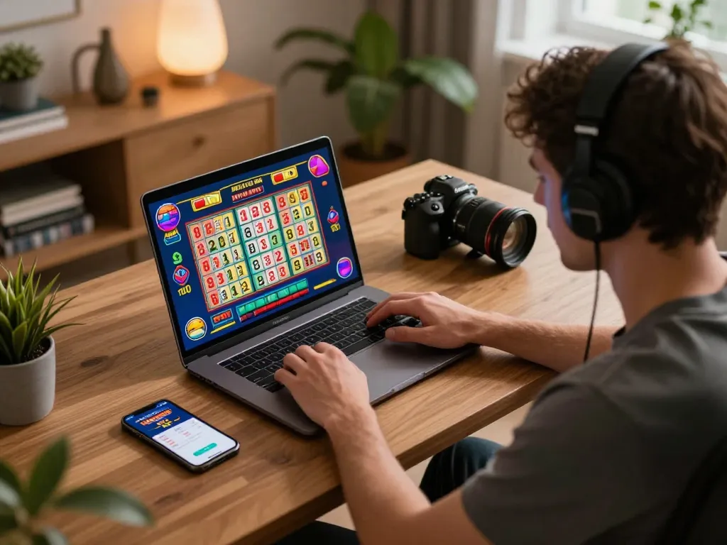 Engaging in live lottery gameplay on a laptop with link sungaitoto displayed prominently on screen, cozy home gaming setup.
