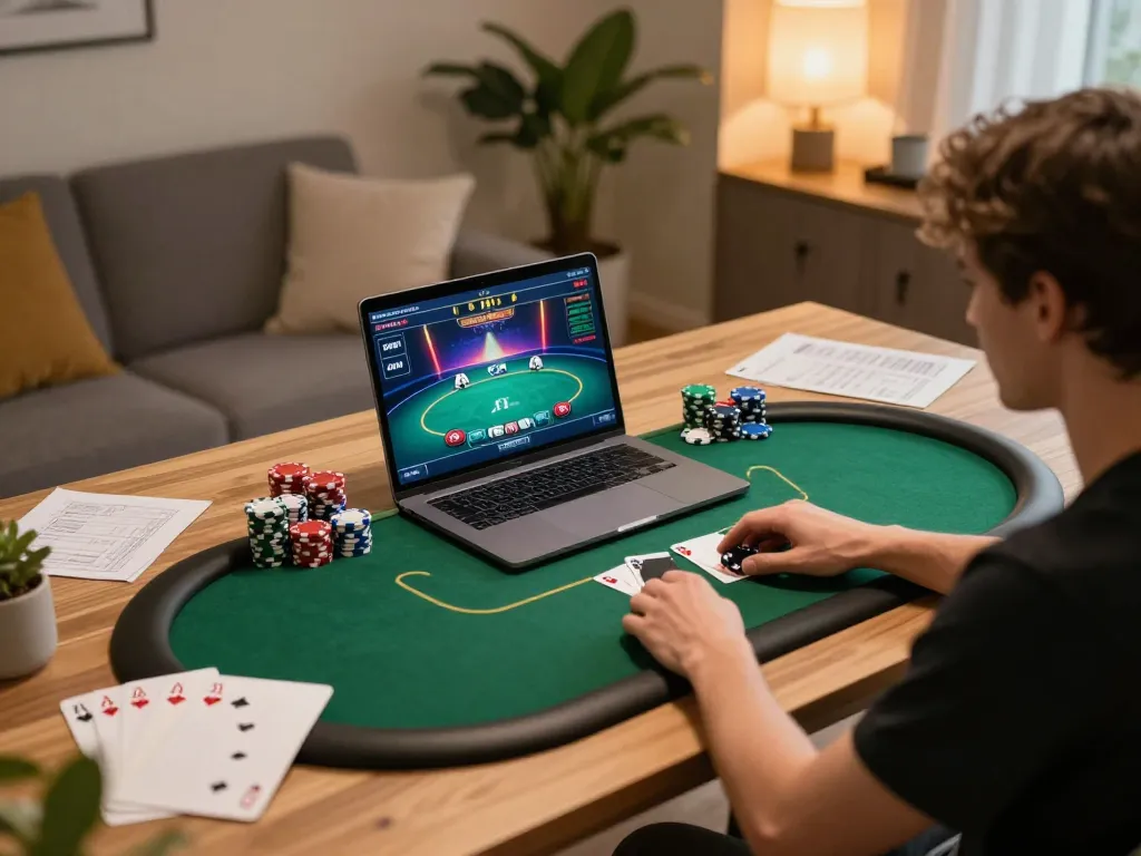 Engaging in a thrilling sv88n online poker game at home with strategic notes.