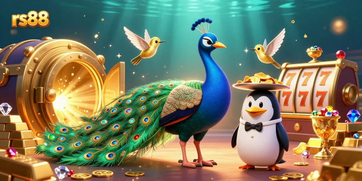 Engage with the vibrant atmosphere of rs88, showcasing a peacock and companions at a dynamic casino scene.