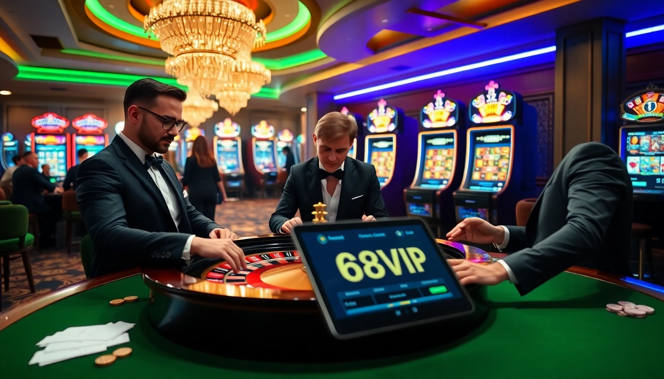 Experience thrilling gambling action at 68VIP with players around a lively roulette table.