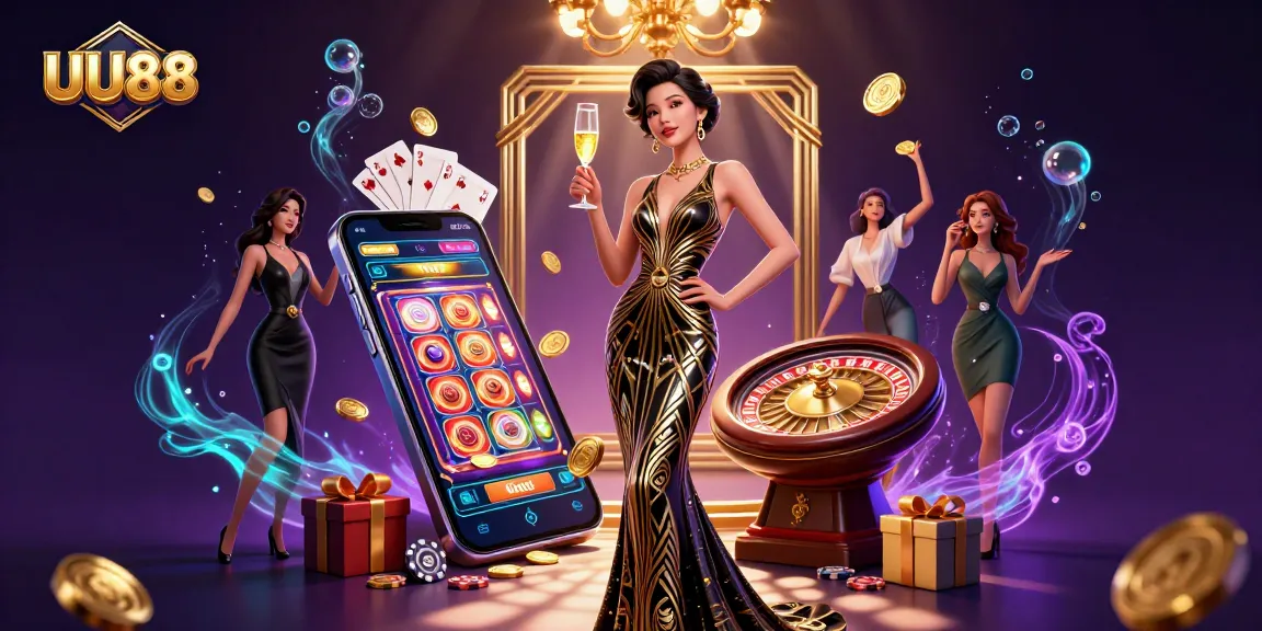 Experience the thrill of UU88 with a luxurious Asian casino scene featuring roulette and mobile gaming.