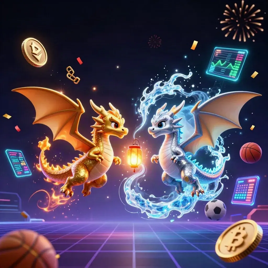 Twin gold and silver dragons swirl with coins, sports props, and neon casino energy.