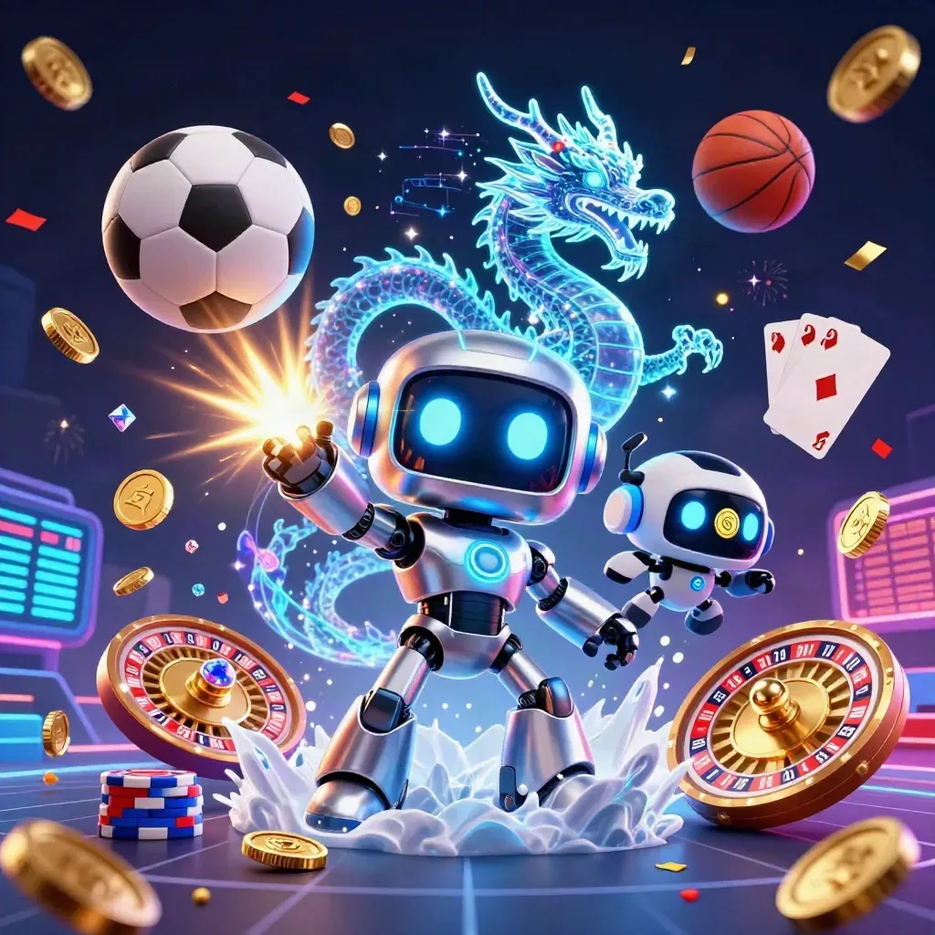 Chrome robot, holographic dragon and coin drone amid casino chips, cards, balls and golden light.