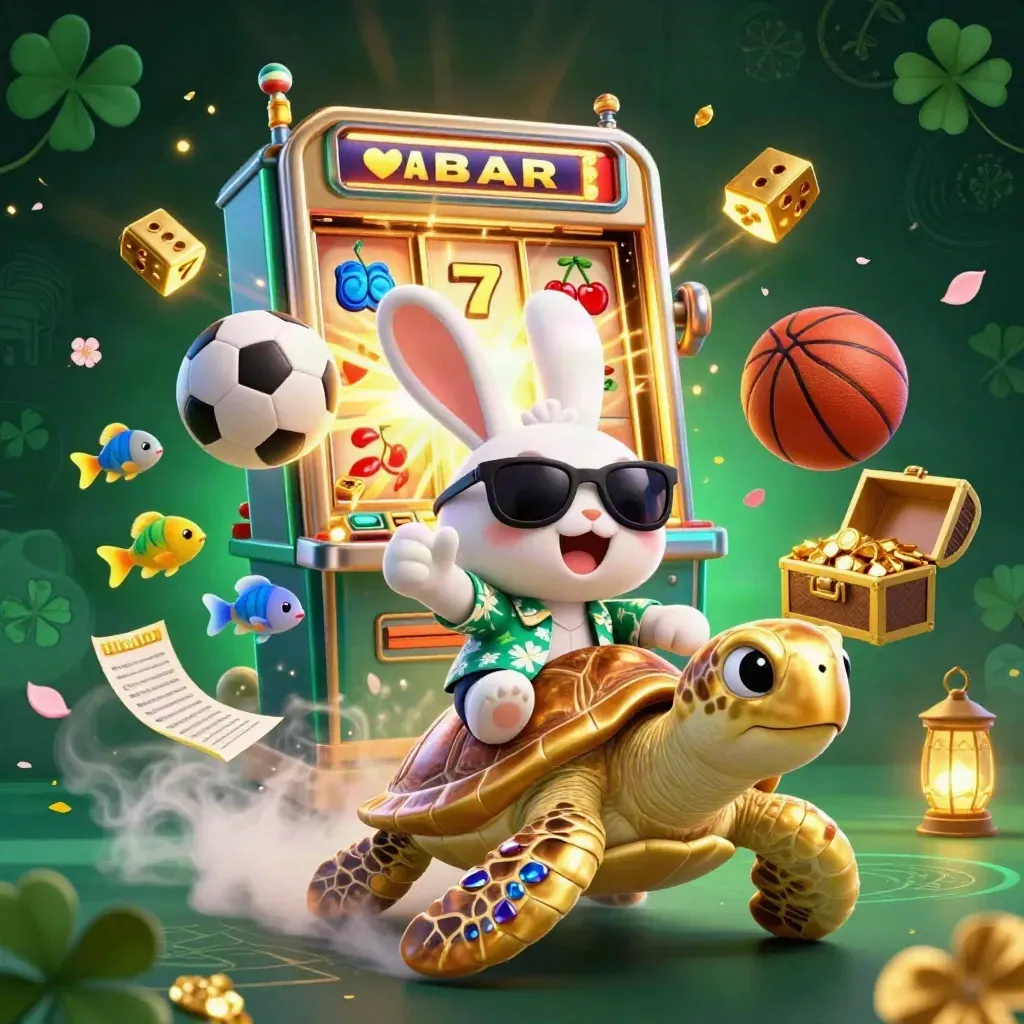 Lucky rabbit on a gold turtle amid casino bursts, sports balls, and blue-gold glow.