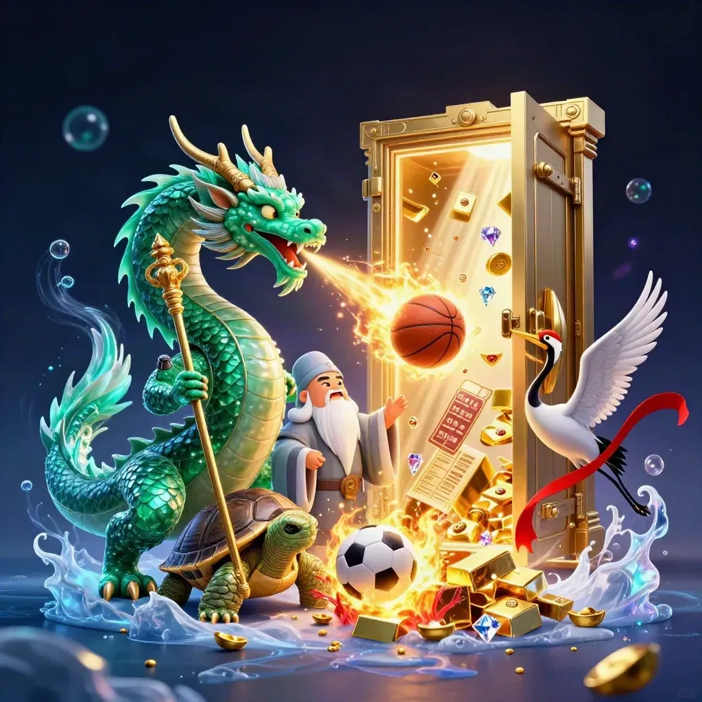 Jade dragon, turtle sage and cranes amid vault gold, balls and neon light.