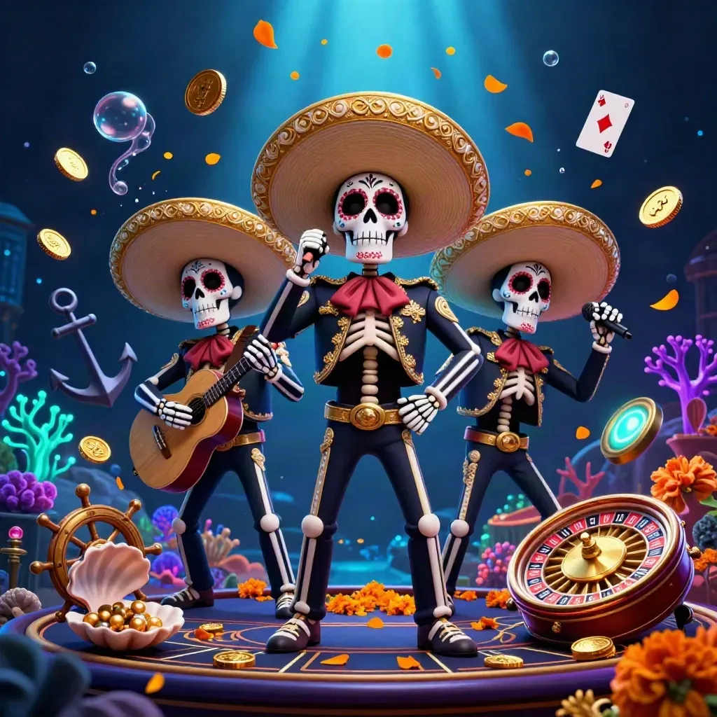 Skeleton mariachi trio in a glowing treasure cove with coins, coral, cards, and casino symbols
