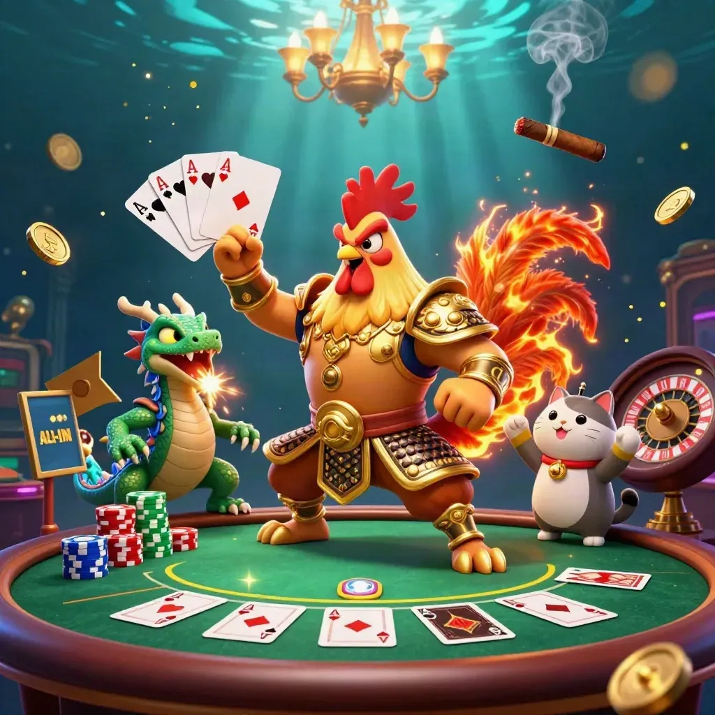 Rooster warrior, dragon hatchling and fortune cat amid casino flair, brass, felt and glowing chips.