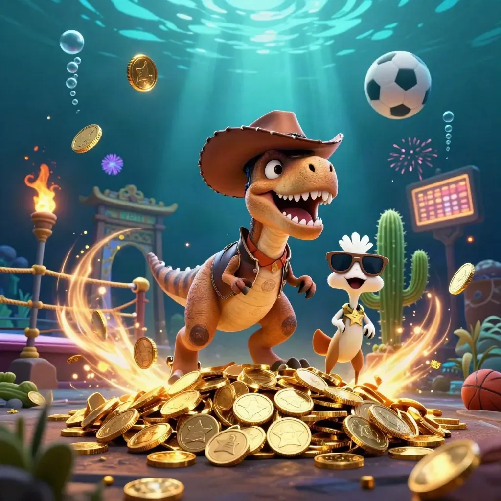 Cowboy T-Rex trio bursts from a coin vault amid underwater glow, fireworks, and betting props.