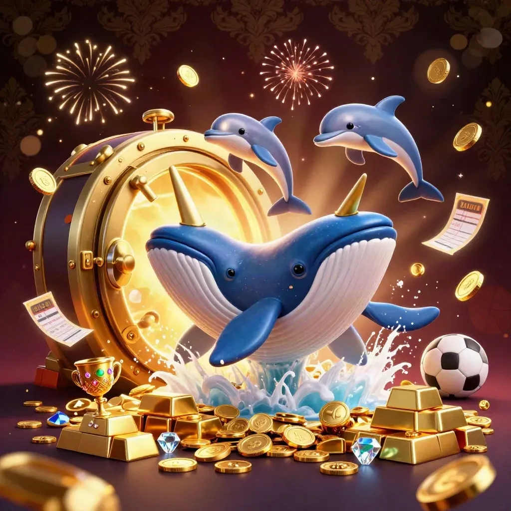 Whale captain and friends burst through coins, vault light, fireworks, and casino treasure