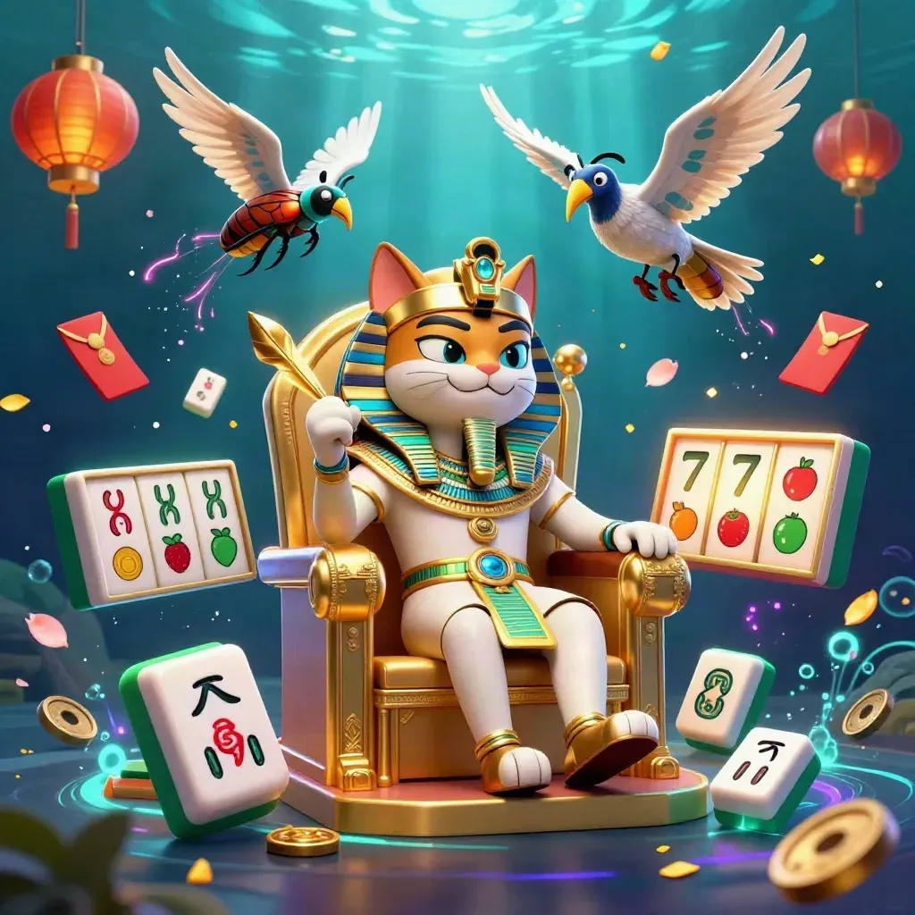 Pharaoh cat on a golden throne with ibis scribe, scarabs, and casino icons in an underwater glow