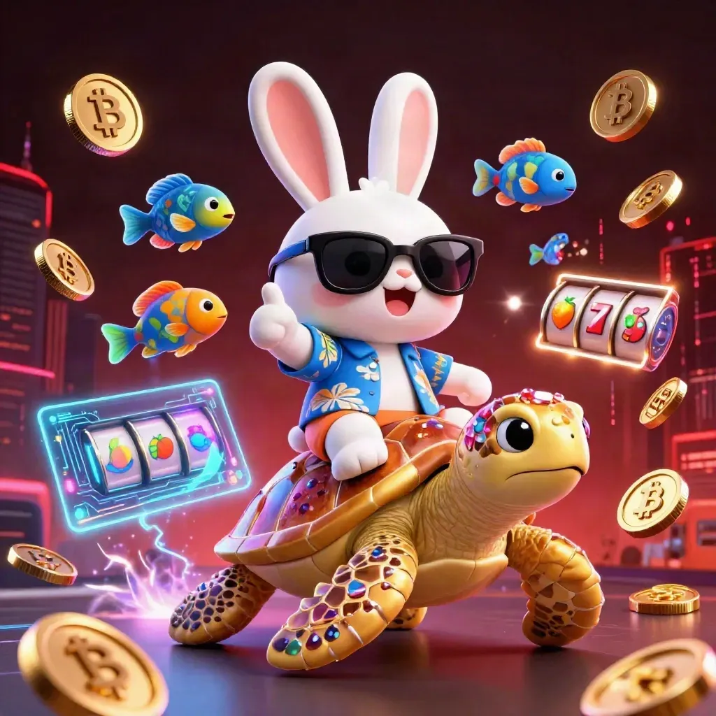 Rabbit rides a golden sea turtle amid neon coins, reels, and energy bolts in a dark casino scene.