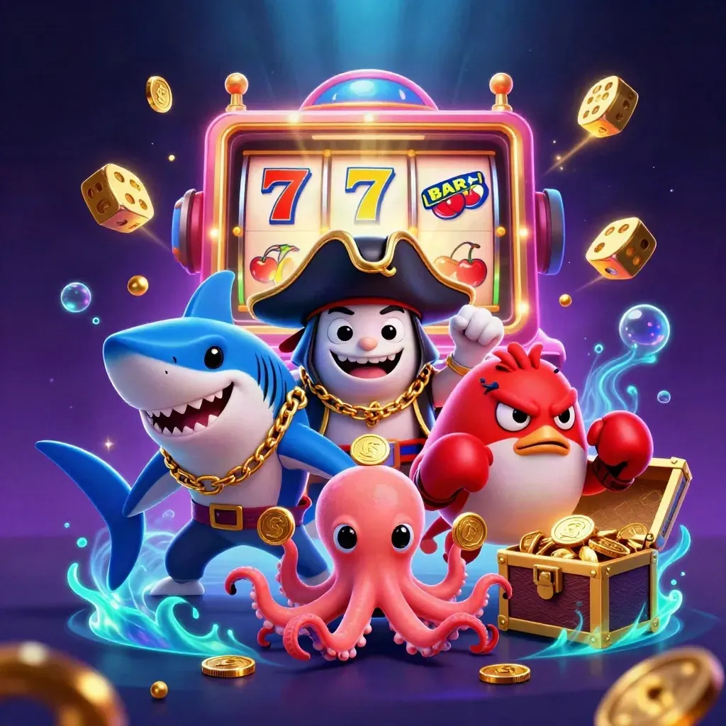 Pirate shark, boxing pufferfish, and coin-juggling octopus amid casino bursts