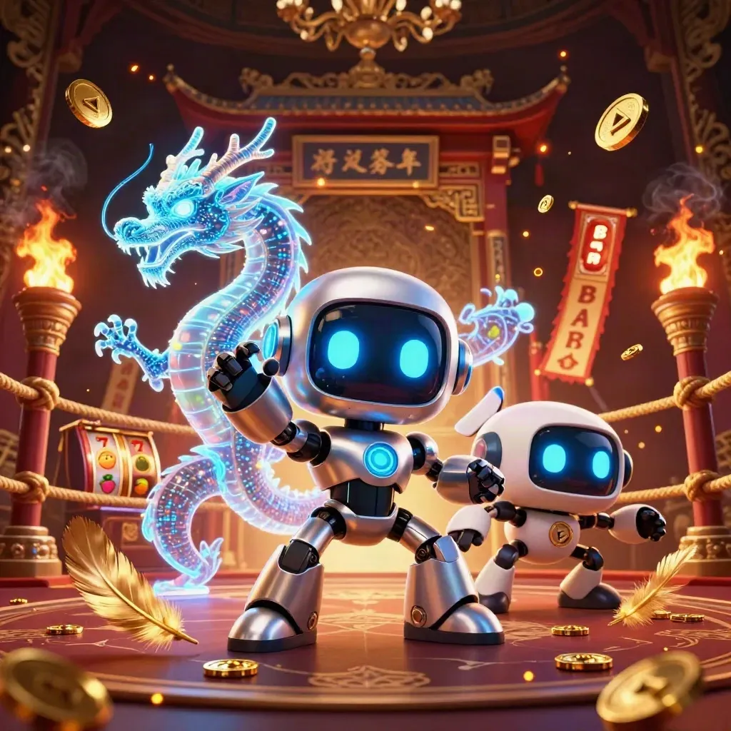 Cyberpunk robot, holographic dragon and coin drone amid coins, temple gate and casino effects