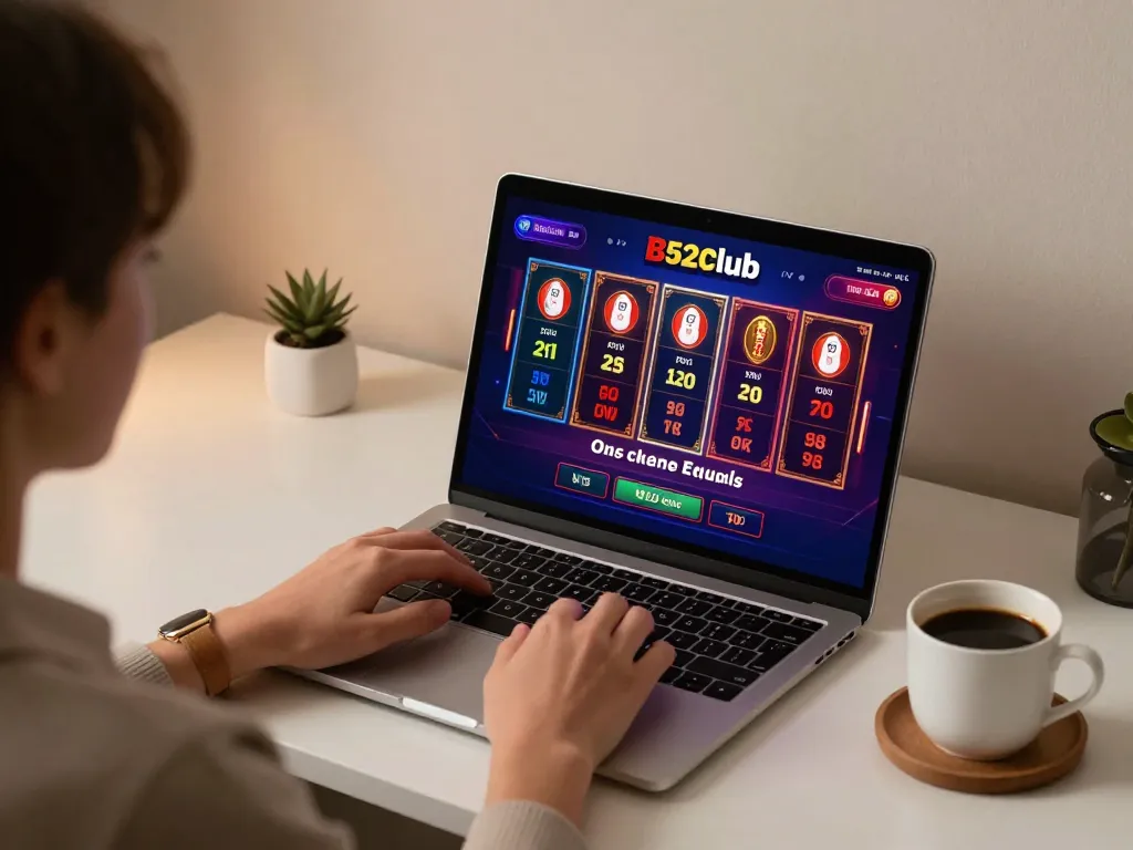 Người chơi B52club tham gia vào trò chơi casino trực tuyến chiến lược tại nhà với màn hình laptop