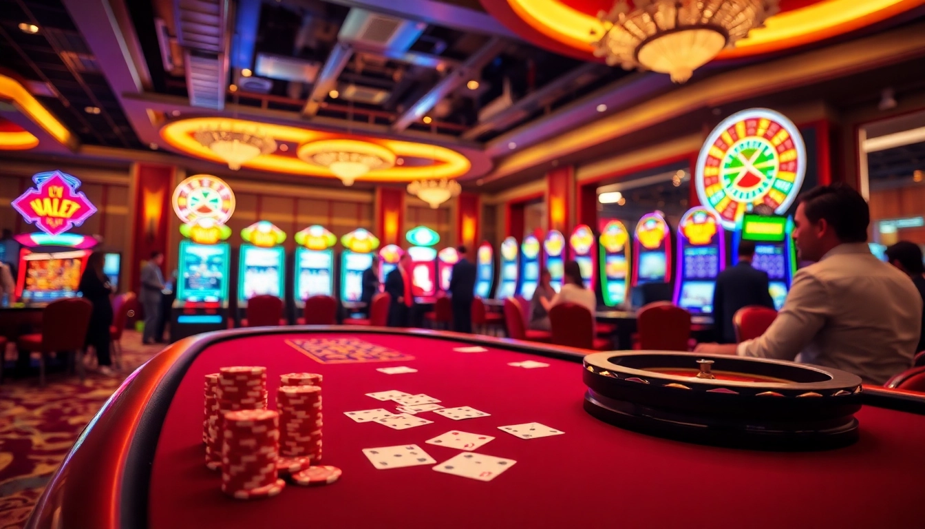 Excited players enjoying various games at 789bet, showcasing a vibrant casino atmosphere with poker chips and roulette.