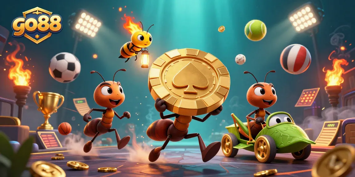 Experience dynamic gameplay at go88 while ants carry golden poker chips, surrounded by vibrant sports elements.