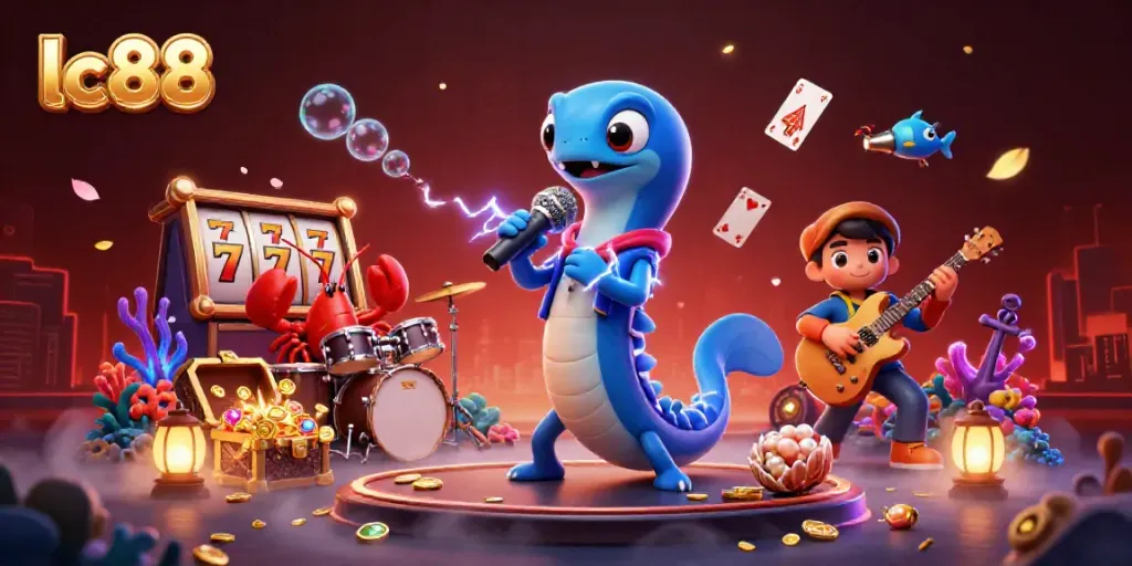 Experience the vibrant lc88 underwater casino with an electric eel DJ and dynamic gaming elements.