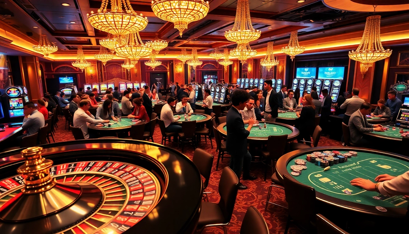 A dynamic casino experience showcasing 28bet gaming tables, vibrant slot machines, and excited players.