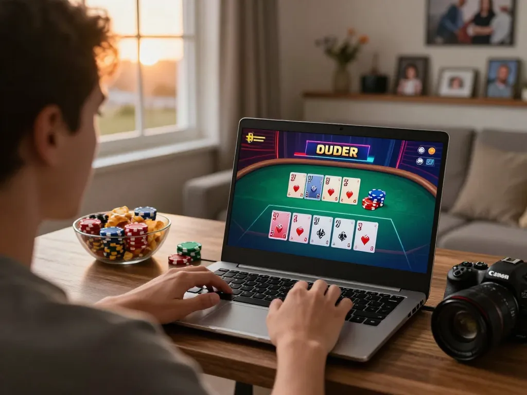 Engaging online poker gameplay on tt88 platform in a cozy home setup featuring a focused player.