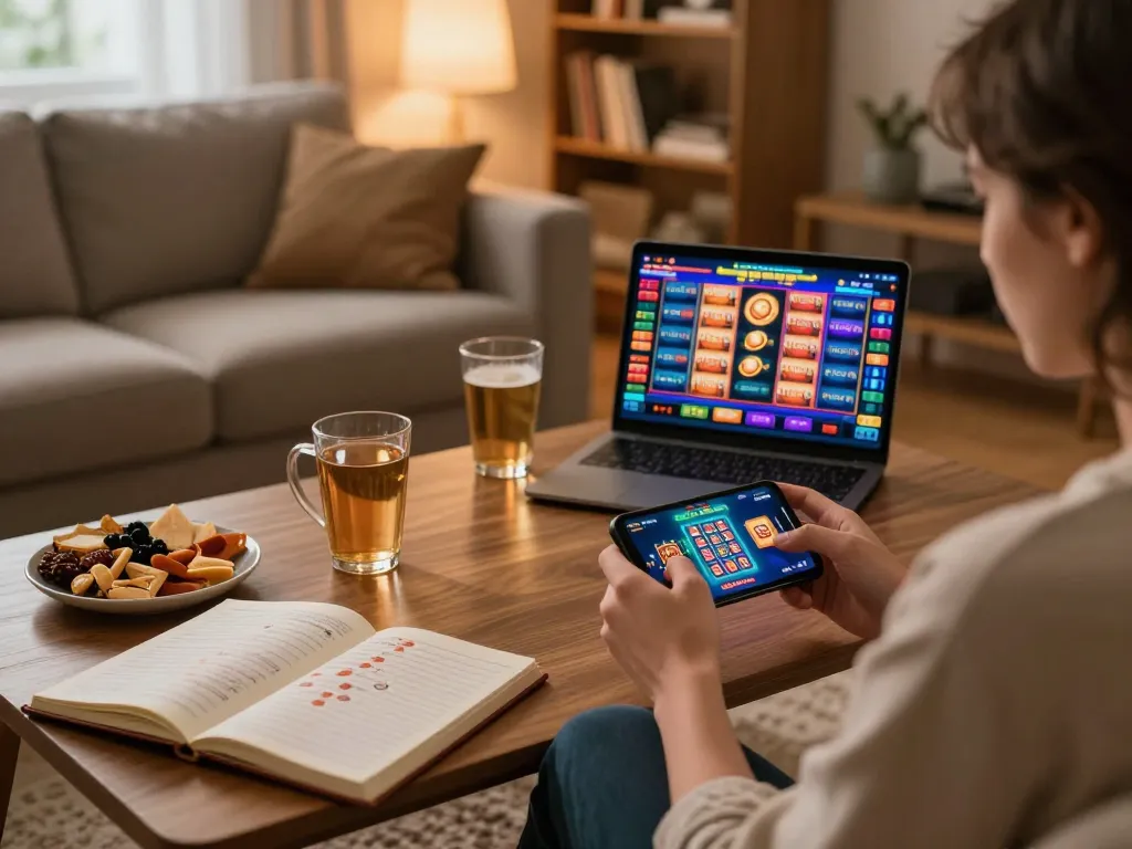 TR88 online gambling session on smartphone with snacks and strategies in a cozy setting.