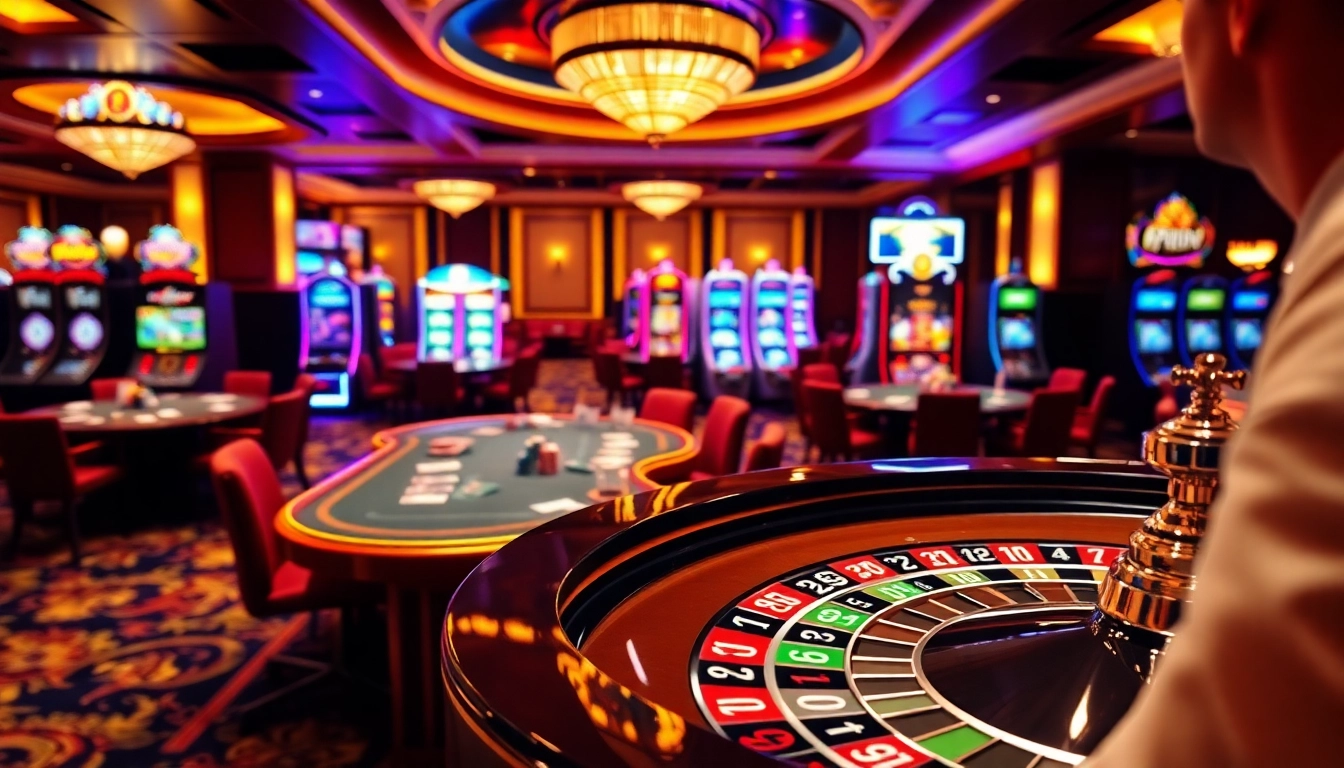 A player enjoying the thrill of casino gaming at 789Betmediacom with roulette and poker tables in an elegant setting.