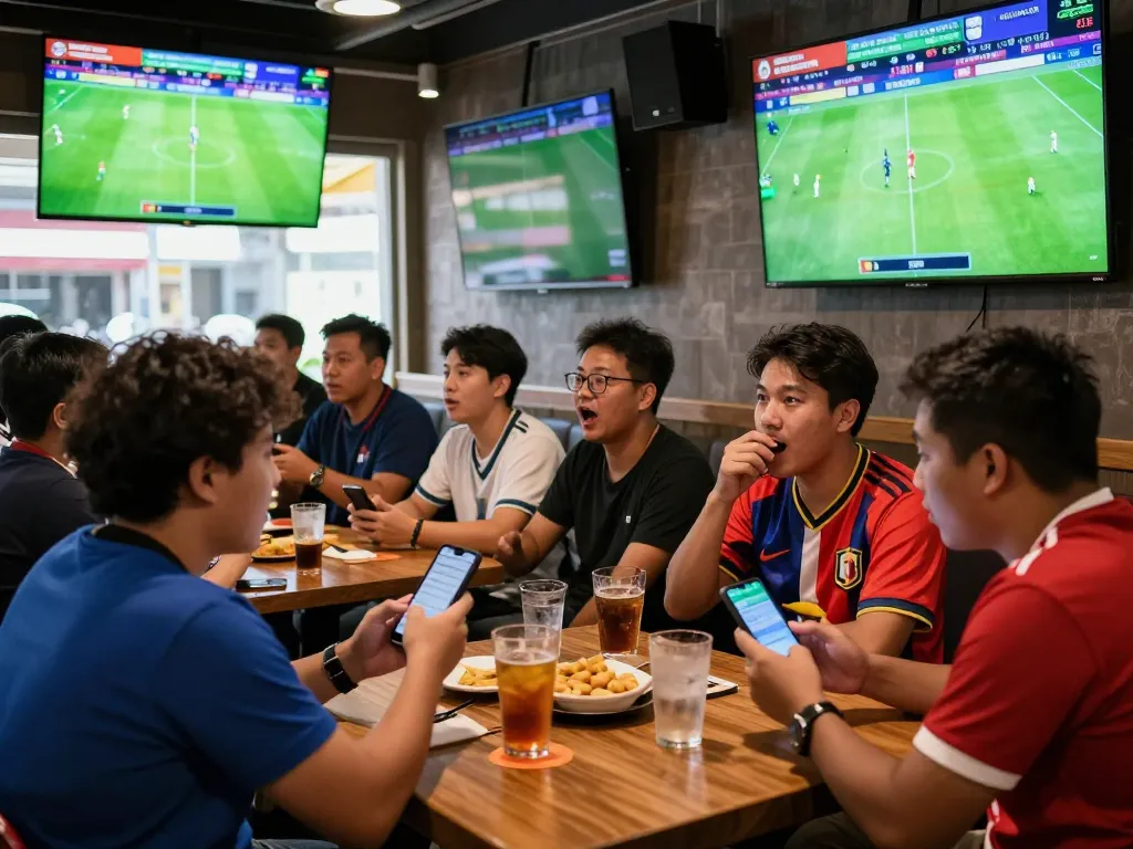 Exciting atmosphere of fans engaging in kèo nhà cái hôm nay at a sports bar.