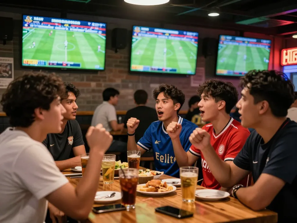 Friends watching kèo bóng đá nhà cái at a sports bar during a football match