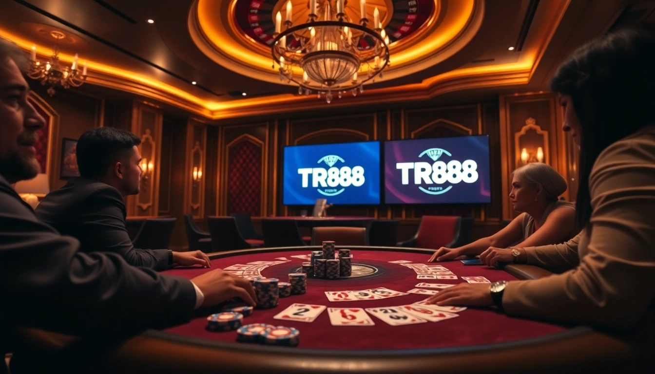 High-stakes poker action at an elegant table with TR88 branding and vibrant casino atmosphere.