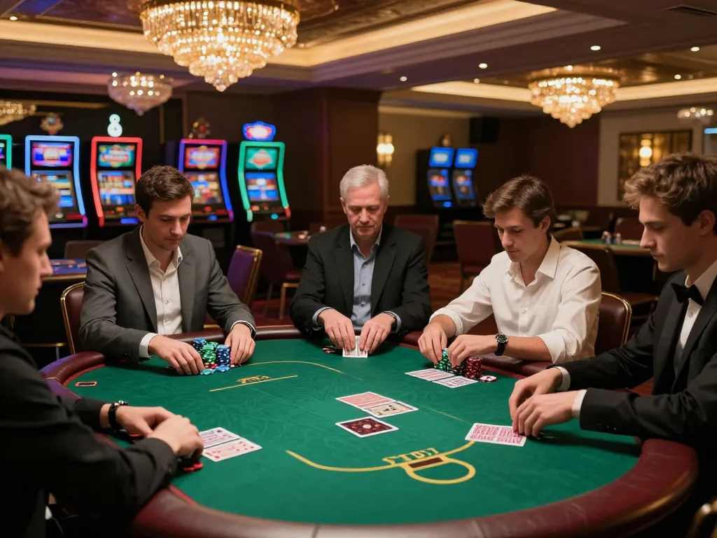 Players strategizing in an elite poker game, showcasing intense focus on tr88 table actions with colorful chips.