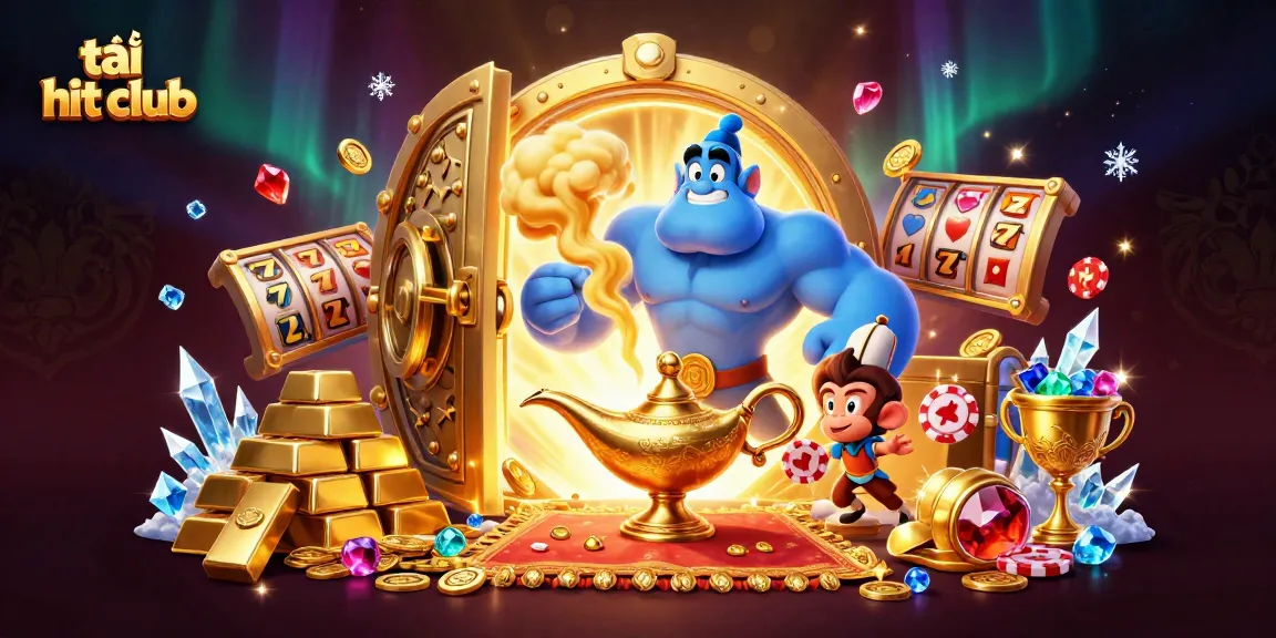 Play and win with tải hit club in this immersive 3D casino illustration featuring a genie and treasures.