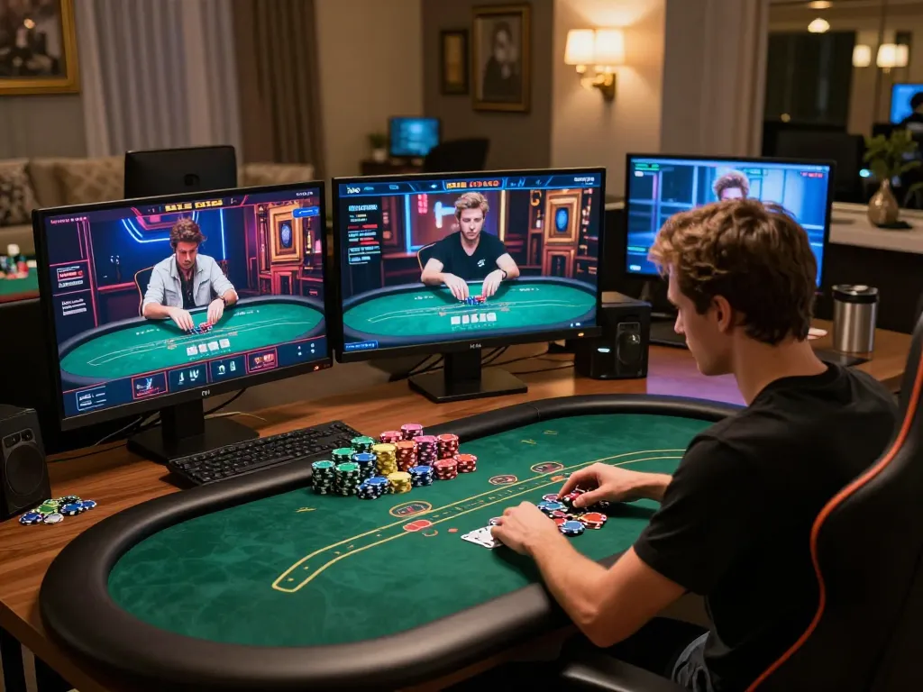 Engaged player strategizing in online poker game at hay88x platform.