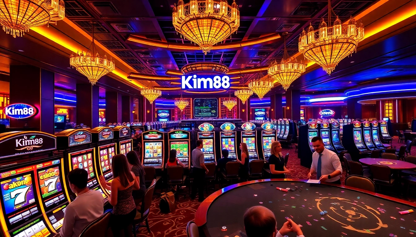 Exciting gameplay at Kim88 casino with vibrant slot machines and engaged players.