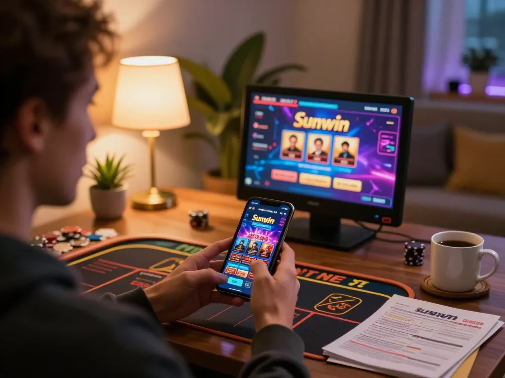 Người dùng Sunwin tương tác với ứng dụng casino di động trong không gian ấm cúng tại nhà.