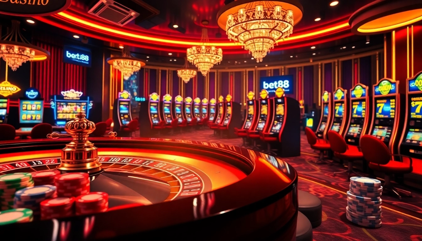 Savor the online casino excitement at bet88.com with vibrant poker chips and roulette wheels.