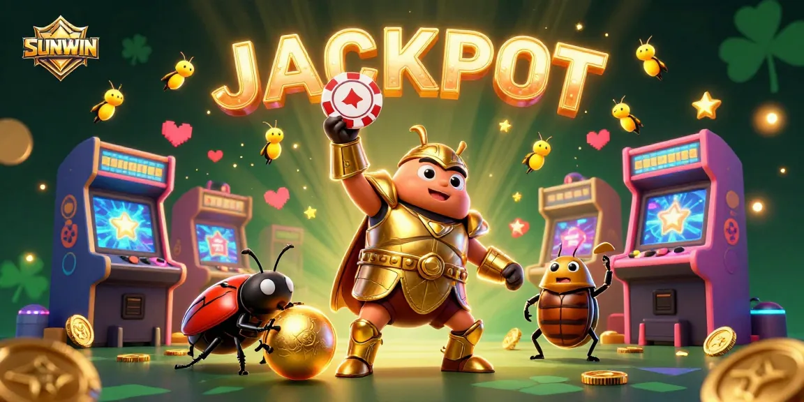 SUNWIN showcases a golden-armored beetle winning jackpots amid vibrant casino elements.