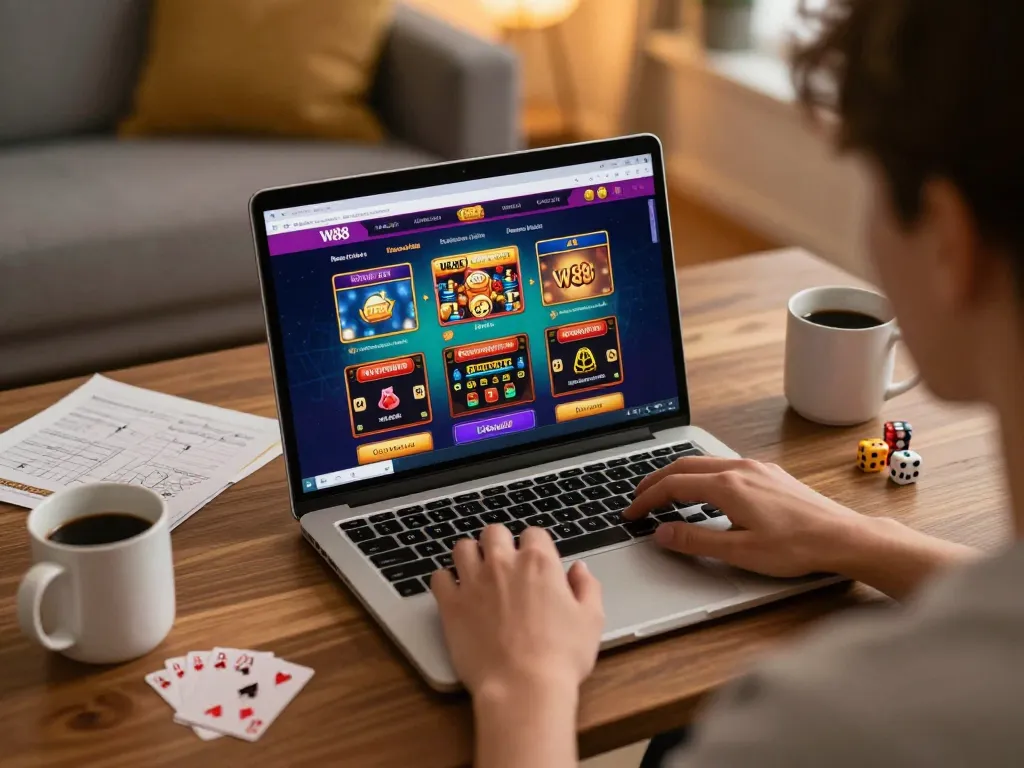 Engaging with link w88 on a laptop during a cozy home gaming session with personal touches.