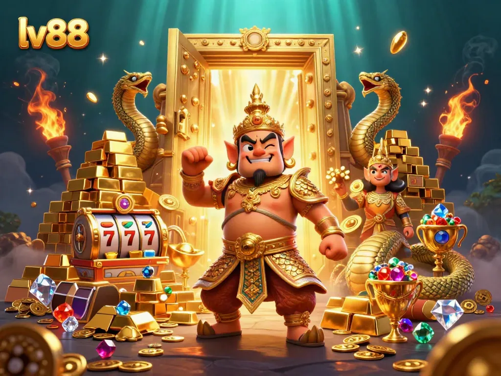Experience thrilling slots and gaming excitement with lv88's 3D illustrated guardian in a vibrant casino scene.