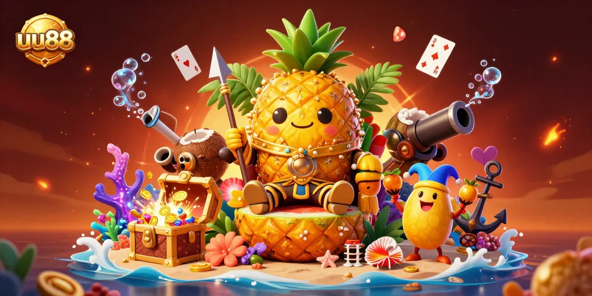 Join the excitement at uu88 with a lively casino scene showcasing a golden pineapple king and vibrant game elements.