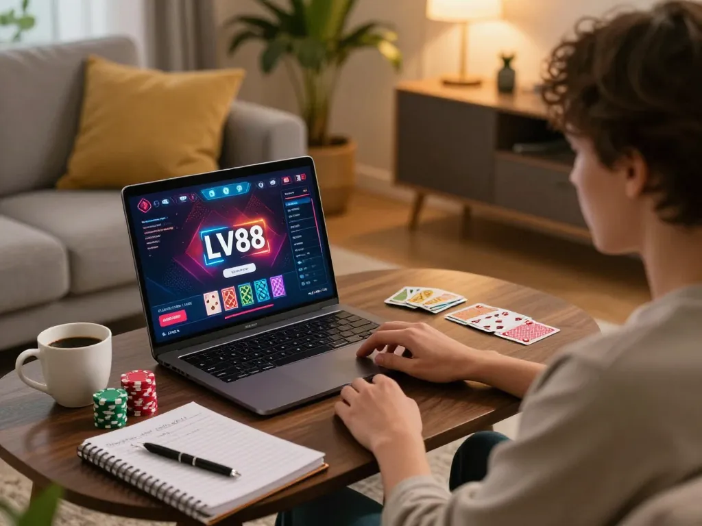 Engaging gameplay at LV88 online casino with player using laptop and strategy notes