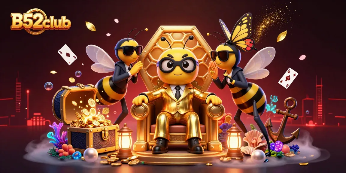 Experience the excitement of B52club with a vibrant 3D illustration showcasing casino elements and characters.