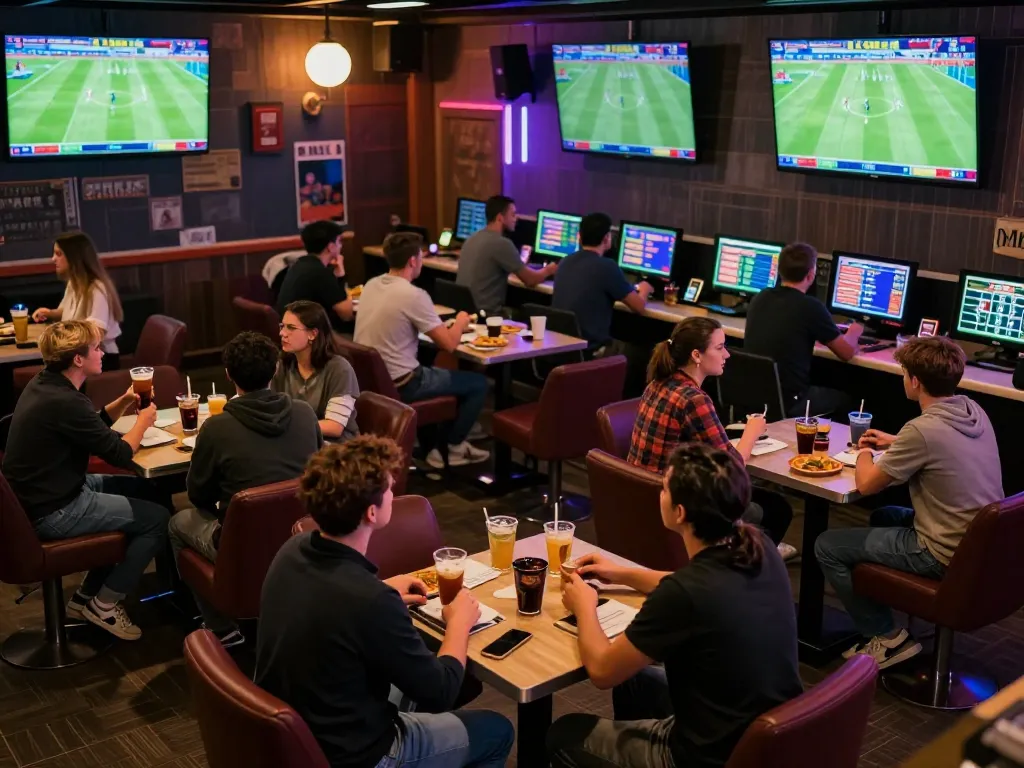 Tỷ lệ bóng đá being analyzed by excited bettors in a sports betting lounge with multiple screens.