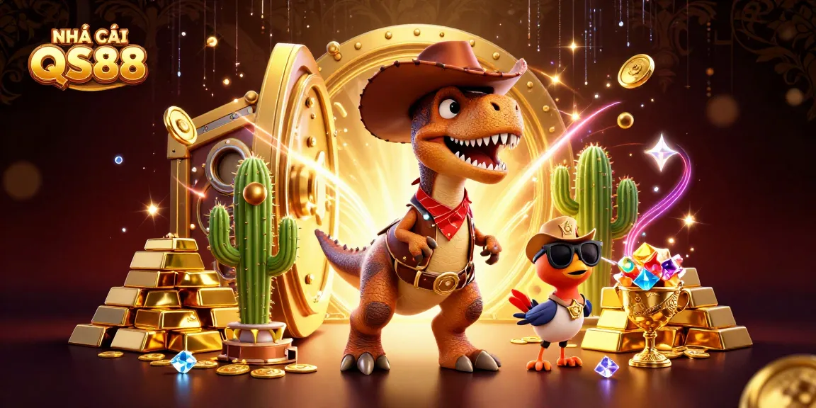 Experience thrilling gaming at NHÀ CÁI QS88 with cartoon characters celebrating treasure and casino excitement.