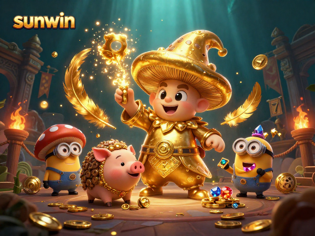 Experience thrilling wins at Sunwin with a magical mushroom wizard, slot reels, and treasures.