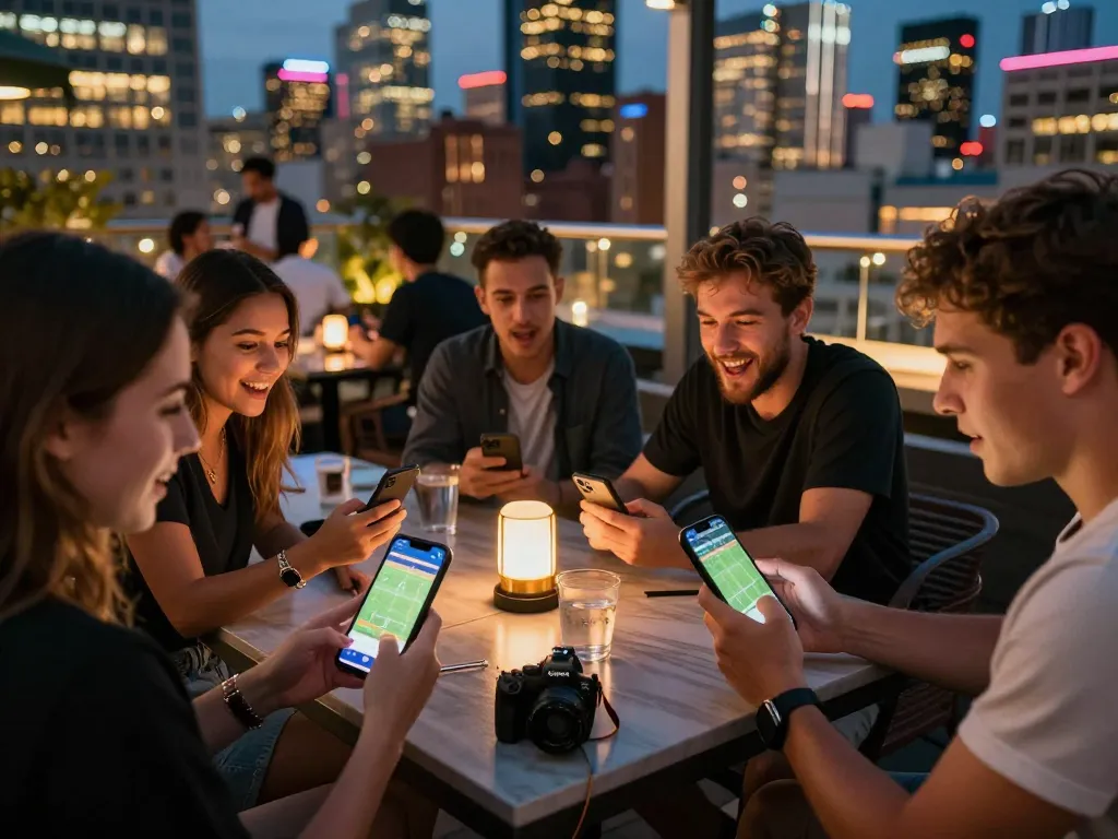 Net88 users betting on sports with mobile apps in a vibrant rooftop bar setting.